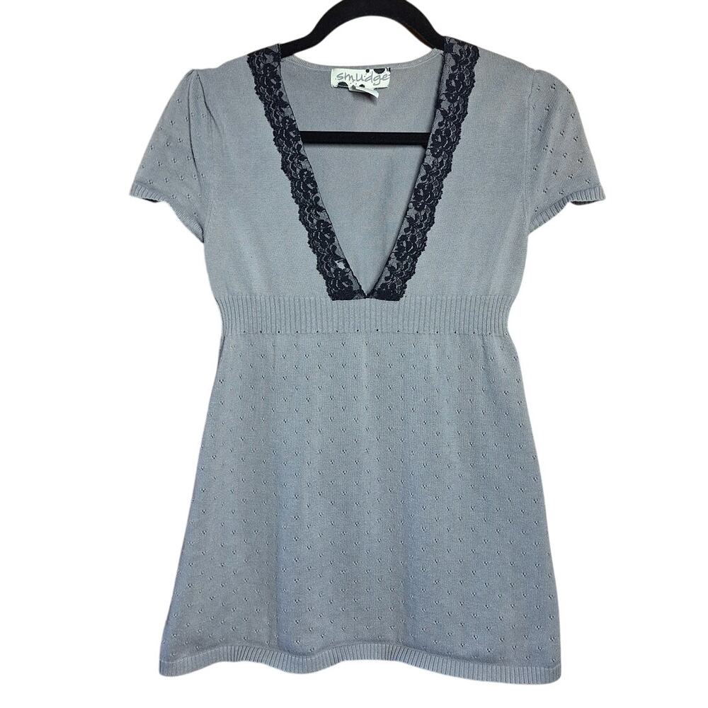 Y2k vintage smudge babydoll top cap sleeve lace trim v neck sweater knit 2000s